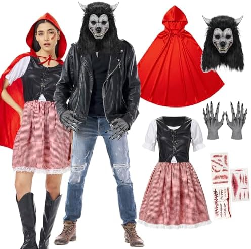 Adult Little Red Riding Hood Costume Set with Wolf Mask for Couples