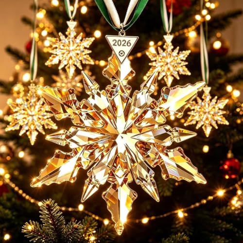 2026Annual Christmas Ornaments Crystal Snowflake Star - Christmas Tree Ornaments Pendant Sun Catcher Home Hanging Decor (2026 Golden Crystal)