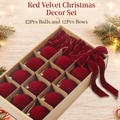 24 Pcs Red Velvet Christmas Tree Decor Set, Balls 3.15" and Bows 6" x 9"