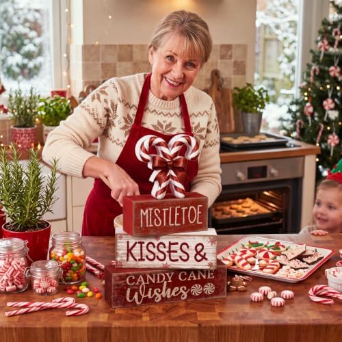 Lineshading 4 Pcs Christmas Table Decorations Wooden Candy Cane Decor Christmas Centerpiece Rustic Winter Tiered Tray Decor Red and White Candy Cane Block Signs Gift Xmas Decoration for Home Decors