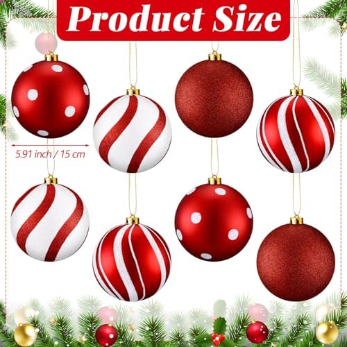 RoundFunny 8 Pcs 6 Inch Electroplated Christmas Ornaments, Red and White