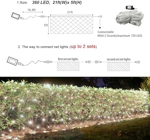 Lovelite 360 LED Net Lights, 21ft x 5ft Christmas Mesh Lights Clear Wire 8 Modes, Waterproof Connectable String Light Plug in for Xmas Tree Bushes Garden Outdoor Party Decorations - White