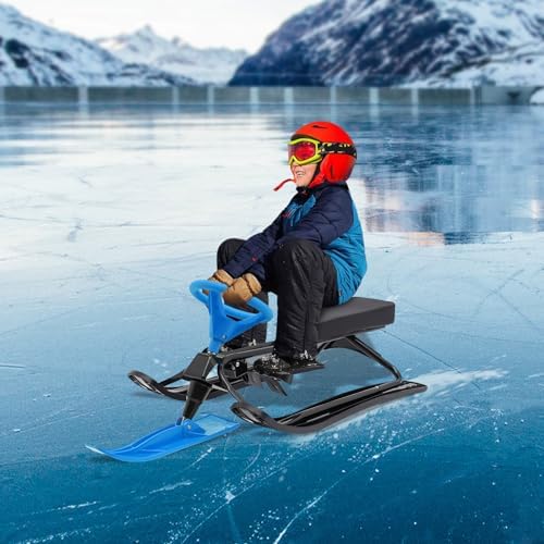 Snow Racer Sled, Snow Sledge, Downhill Steerable Sled, Winter Sport Ski Sled Slider Board with Steering Wheel, Anti-Slip Seat, Twin Brakes, Capacity of 220 LBS, for Skiing, Ice/Sand Skating (Blue)