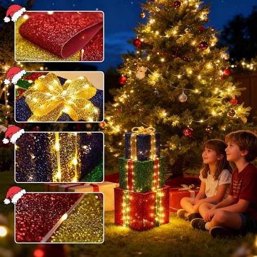 Set of 3 Christmas Lighted Gift Boxes - Warm White 160 LEDs Outdoor Decor