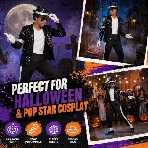 Men's 80s 90s Pop Star Costume, 7-Piece Halloween Dance Stage Outfit