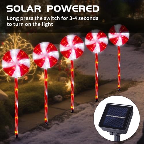 BRIGHTDECK 5 Pack Solar Christmas Pathway Lights, Red Lollipop Stakes