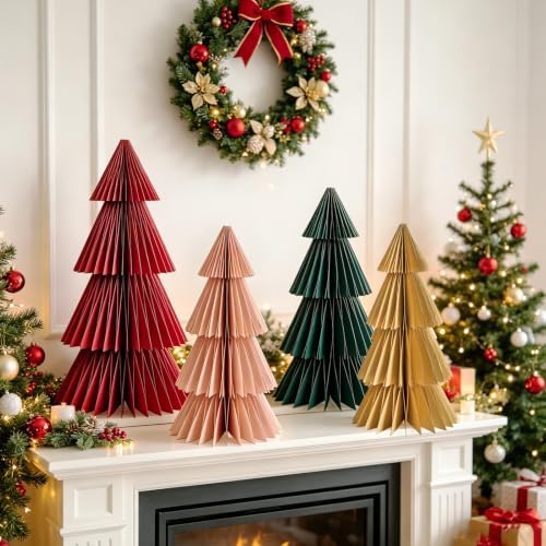 SUNBEAUTY 4PCS Paper Christmas Tree Honeycomb Centerpiece 3D Xmas Trees Table Centerpiece Paper Tree Christmas Home Decoration Vintage Christmas Decorations for Home Xmas Holiday Party