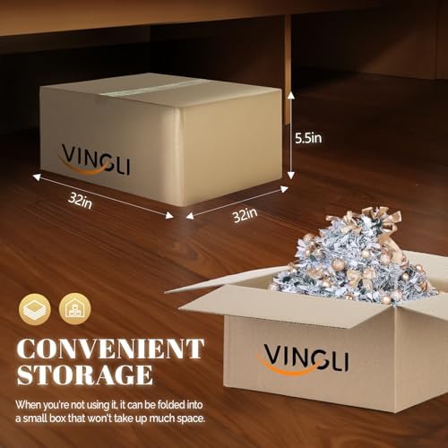 VINGLI 7ft Pre Lit Pop Up Christmas Tree w/ 170 Lights, Fully Decorated Flocked Pencil Christmas Tree, Collapsible Xmas Tree for Holiday Party Decorations, Gold