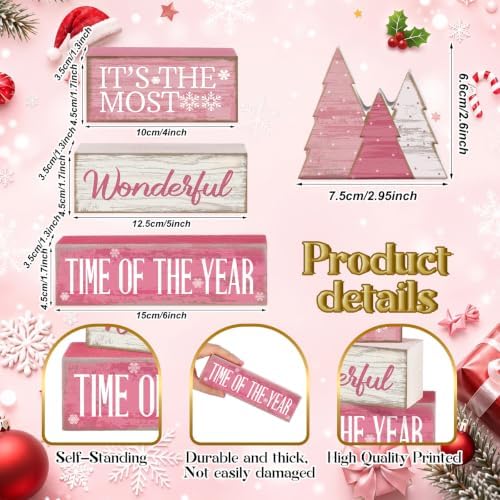 Moucuny 4 Pcs Christmas Table Decoration Wooden Pink Wooden Christmas Tree
