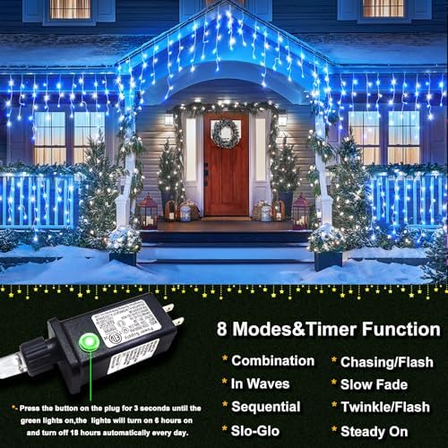 66FT Icicle Lights for Outside 640 LED Blue and White Christmas Lights