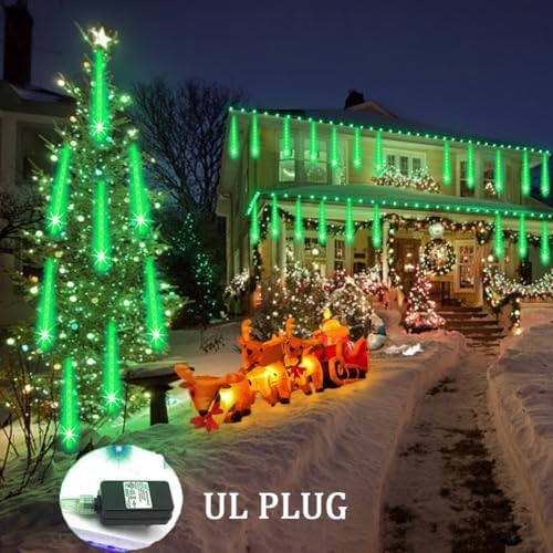 Weepong Halloween Lights Outdoor, Meteor Shower Christmas Lights for Halloween Decorations, 8 Tube 192 LED Snow Falling Rain Icicle String Light for Xmas Christmas Decor Tree Party, UL Plug Green