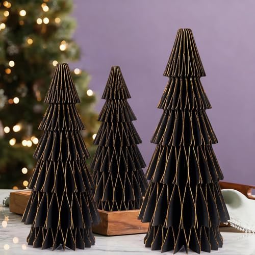 SUNBEAUTY 3PCS Black and Gold Honeycomb Paper Christmas Tree, 3D Christmas Tree Table Centerpiece with Magnetic Attachment,Christmas Winter Newyear Party Holiday Home Decor