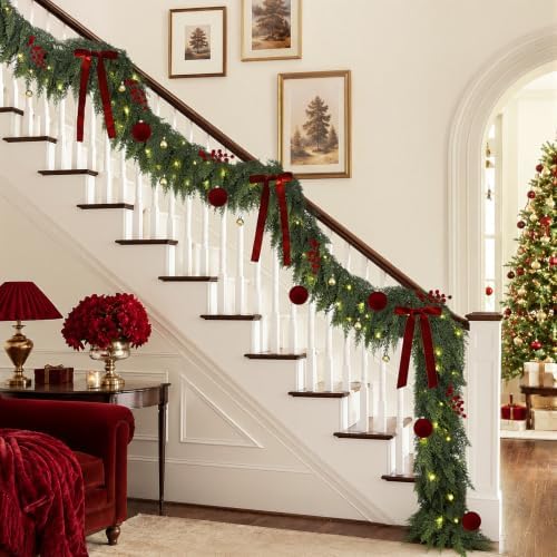 9FT Christmas Garland with Lights Ornaments Realistic Preit Cedar Garland