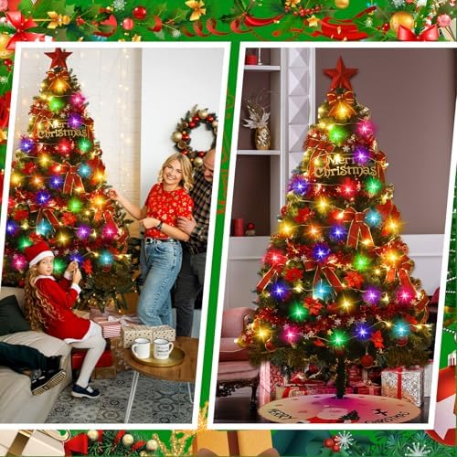 6ft DIY Christmas Tree Kit Artificial Christmas Tree with Lights and Ornaments 48'' Xmas Trees Skirt 65 x 30 x 15'' Storage Bag, LED Holiday Xmas Trees for DIY Home Decor(Red,Classic)