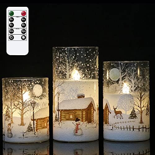 Snowman Glass Flameless Candles Battery Operated with Remote and Timer Real Wax LED Flickering Pillar Candles White Cold Light Window Christmas Holiday Decor D3 x 4",5",6"