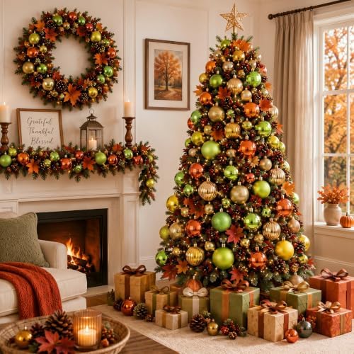 Lunmon 64 Pcs Fall Ornaments Orange Lime Green Autumn Thanksgiving Bulbs