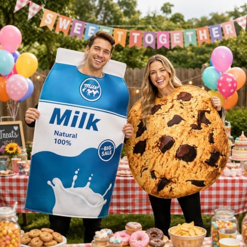 Milk and Cookie Couples Costume for Adults, Funny Halloween Matching Food Cosplay Outfit Set for Men Women, Cute Dessert Theme Party Dress Up Costume