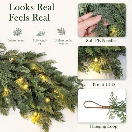 Pre-Lit Christmas Garland 6FT Decorations Real Touch Cedar Cypress Pine Greenery Artificial Green Christmas Garland with Lights for Mantle, Fireplace, Table, Stairs, Door, Indoor Outdoor Decorations