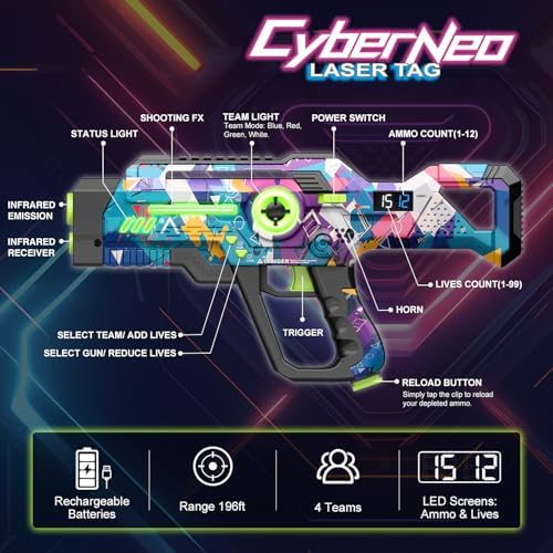 Rechargeable Laser Tag Guns Set of 4, Lazer Tag Game for Kids Teens & Adults, Boys & Girls Outdoor Teenage Group Activities, Cool Toys for Teenage Ages 8 9 10 11 12+