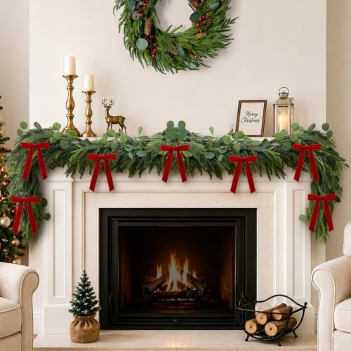 Christmas Decorations, 6FT Norfolk Pine Garland with Red Velvet Ribbon Bows