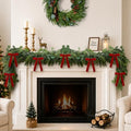 Christmas Decorations, 6FT Norfolk Pine Garland with Red Velvet Ribbon Bows