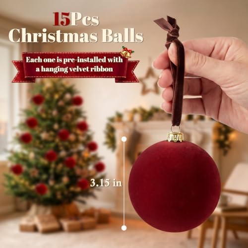 TOWPONICS 15 Pcs Red Velvet Christmas Balls Ornaments for Christmas Tree