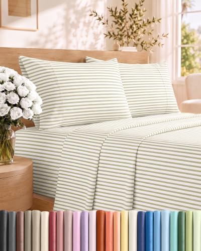 King Size 4 Piece Sheet Set - Breathable & Cooling Sheets - Beige Stripes