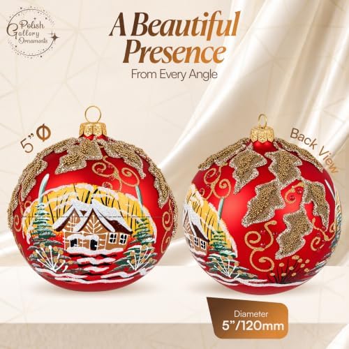Polish Hand Blown Glass Christmas Ornaments Ball, Mistletoe Leaves Red 5 in