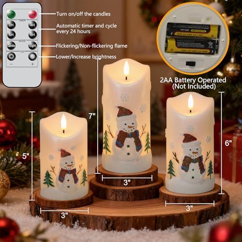 Snowman Carved Flameless Candle Battery Operated with Remote Timer
