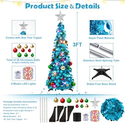 N&T NIETING Pop Up Christmas Tree with Lights & Ornaments, Blue, 3FT