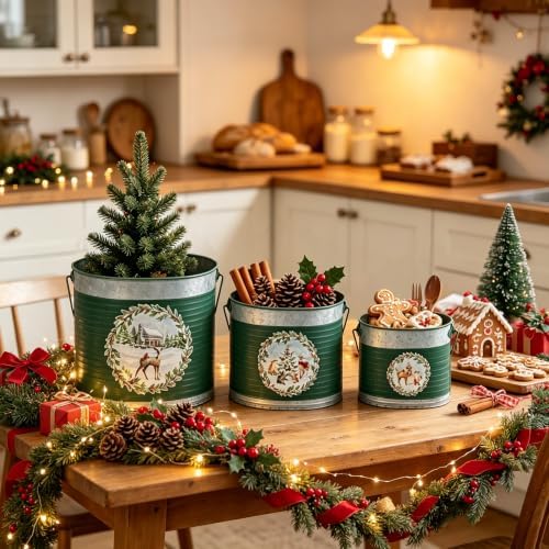 Set of 3 Galvanized Metal Christmas Tree Buckets with Handles, Green Woodland Deer Wreath Decorative Planter Tubs, Farmhouse Holiday Storage Container for Mini Xmas Trees, Ornaments