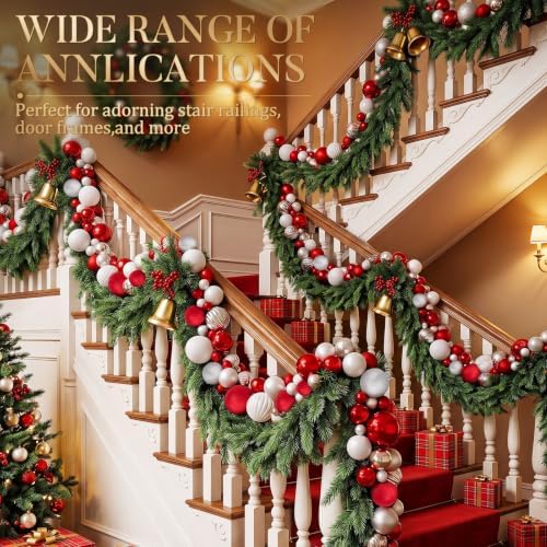 9.2 ft Christmas Ball Garland, Red, White, Silver