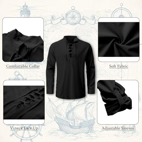 9PCS Men's Pirate Costume Set,Renaissance Medieval Outfit for Halloween Pirate Party with Viking Pants Shirts Accessories