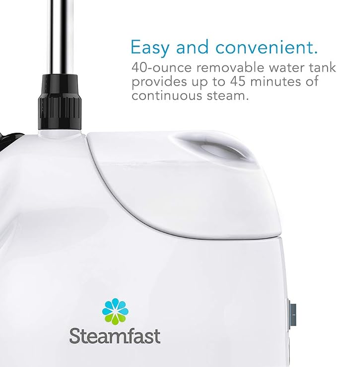 Steamfast SF-407 Canister Fabric Steamer, With Telescopic Pole and Fabric Brush, 45 Second Heat Up Time, Chemical-Free Steam, Clothes Hook, Fabric Brush, 40-Ounce Water Tank, White
