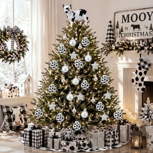 32 Pcs Cow Christmas Tree Decorations Cow Tree Topper Christmas Balls Skirt Xmas Western Cowhide Ornaments for Farmhouse Country Home Xmas Gift