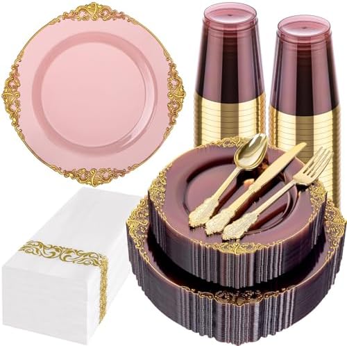 Hioasis 175 Pcs Burgundy Gold Plates for Party
