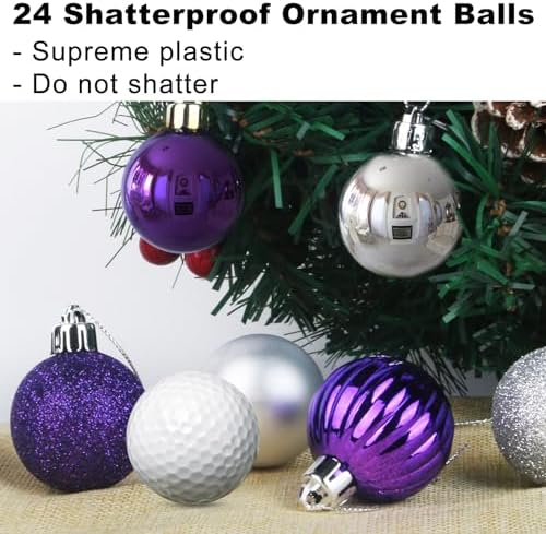 Purple & Silver 1.6" Small Christmas Balls Christmas Tree Decoration Ornaments Shatterproof Hanging Balls for Birthday Halloween Holiday Wedding Decorations Set of 24pcs
