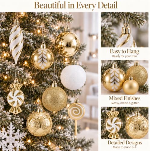 130 Pcs Gold & White Christmas Ball Ornaments, Shatterproof