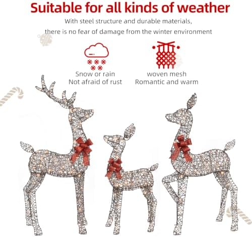 HOYECHI 5ft Light Up Reindeer Outdoor Christmas Decorations -3 Piece Rattan Deer Family Set with 160 Warm White LED Lights, Large Christmas Garden Decor for Lawn, Front Garden, Patio and Drivewa