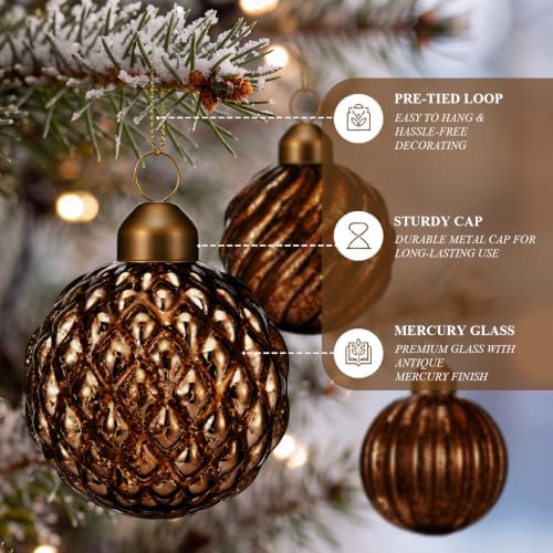 Syhood 18 Pcs Brown Christmas Mercury Glass Balls Ornaments, 6 Styles