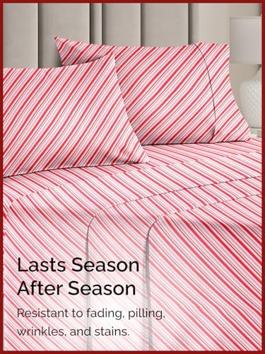 Christmas Sheet Set, Candy Cane Stripe, Holiday Xmas Bedding Set - Queen
