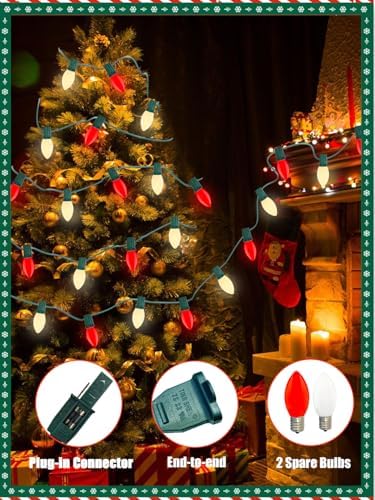 SUNSGNE C9 LED Christmas Lights Outdoor, 25ft Vintage Christmas Lights with 27 LED Red White Plastic Bulbs(2 Spare) for Patio Home House Balcony Xmas Decor, Green Wire