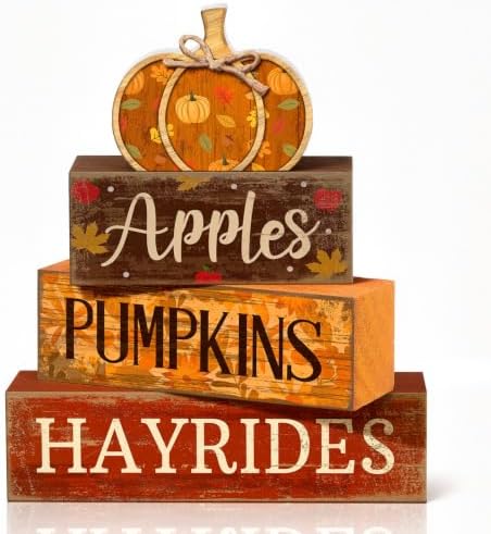 Moucuny 4 Pcs Fall Table Decoration for Home, Wooden Pumpkins Harvest Decor