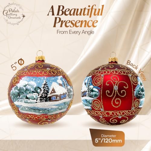 Polish Hand Blown Glass Christmas Ornaments Ball, Countryside Burgundy 5 in