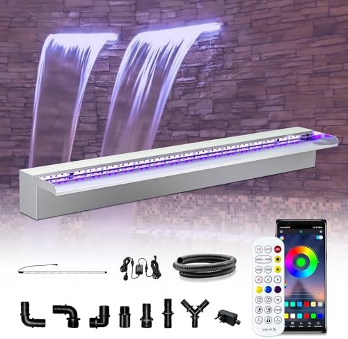 LONGRUN Waterfall Pool Fountain, Updated 5.9'' Wider Open Lip Stainless Steel Waterfall Spillway, Decorative Water Feature for Swimming Pools, Koi Ponds, Spa & Garden - 35.4''