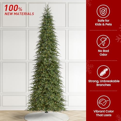Glitzhome 15ft Prelit Christmas Tree, Hinged Slim Artificial Christmas Tree, Radiant Evergreen Fir with 1500 Warm White/Multi-Color LED Lights,9 Function,w/Remote Control,Easy Assembly