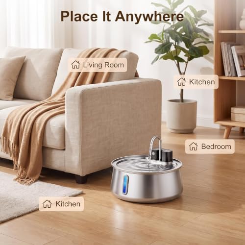 Good Origins Dog Water Fountain, 4L/135oz Automatic Cat & Dog Water Fountain, 4000mAh Rechargeable Battery, Up to 60-Day Battery Life, 3 Working Modes, Stainless Steel