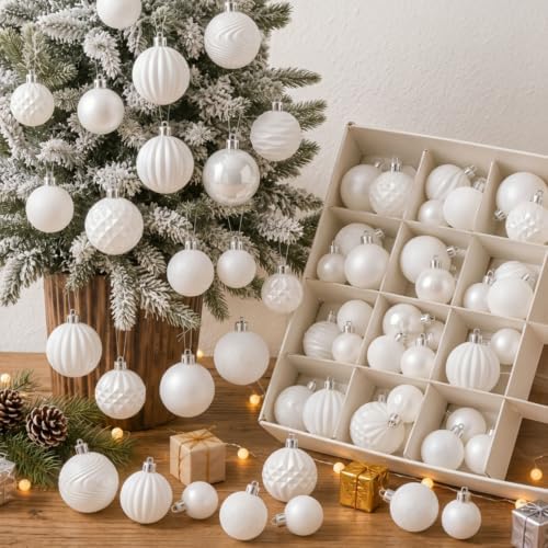 Lunmon 64 Pcs White Christmas Ball Ornaments Modern Xmas Tree Decorations