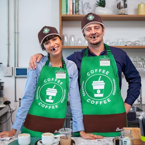 Kyson Halloween Barista Costume for Couples 2 Pack Of Green Arons and Cap Café Attendant Uniforms Coffee Maker Outfit