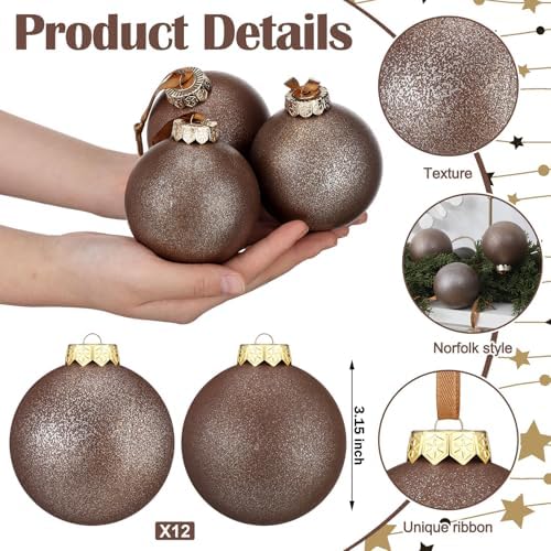 Yunlly 12 Pcs Neutral Christmas Ornament, Brown, 3.15''